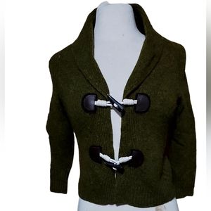 J.Crew XS Green Hooded Cardigan Sweater Ribbed Knit Lambswool Button Front